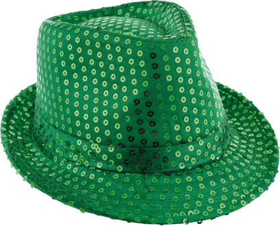 Funny Fashion Carnaval verkleed Trilby hoedje met glitter pailletten - groen - heren/dames
