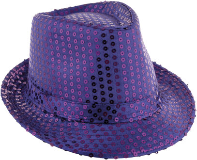 Funny Fashion Carnaval verkleed Trilby hoedje met glitter pailletten - paars - heren/dames