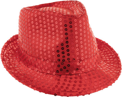 Funny Fashion Carnaval verkleed Trilby hoedje met glitter pailletten - rood - heren/dames