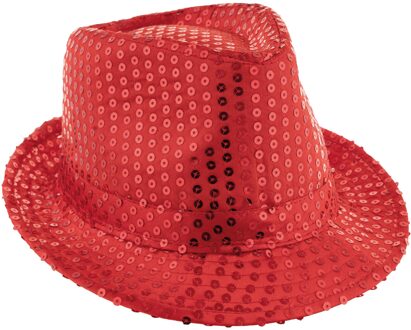 Funny Fashion Carnaval verkleed Trilby hoedje met glitter pailletten - rood - heren/dames