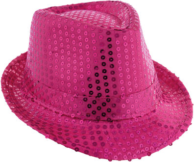 Funny Fashion Carnaval verkleed Trilby hoedje met glitter pailletten - roze - heren/dames