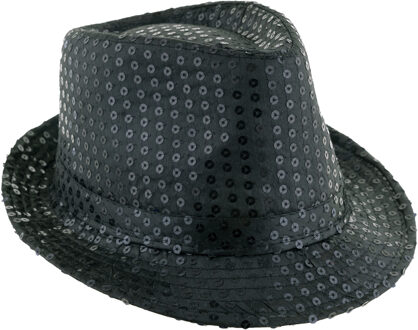 Funny Fashion Carnaval verkleed Trilby hoedje met glitter pailletten - zwart - heren/dames - Verkleedhoofddeksels