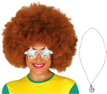 Funny Fashion Carnaval verkleedset afropruik bruin/bril/ketting - heren/dames - Seventies/disco danser