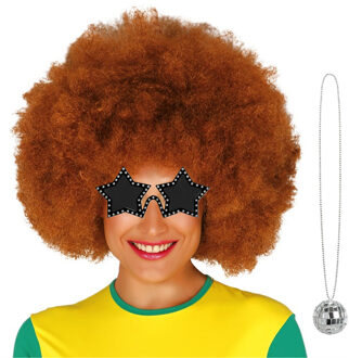 Funny Fashion Carnaval verkleedset afropruik bruin/bril/ketting - heren/dames - Seventies/disco danser