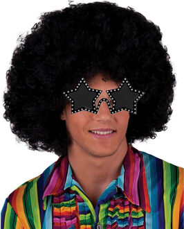 Funny Fashion Carnaval verkleedset afropruik met sterren bril - zwart - heren/dames - Seventies/Disco thema