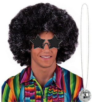 Funny Fashion Carnaval verkleedset afropruik zwart/bril/ketting - heren/dames - Seventies/disco danser