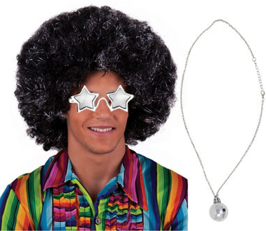 Funny Fashion Carnaval verkleedset Seventies/disco danser - afropruik zwart/bril/ketting - heren/dames