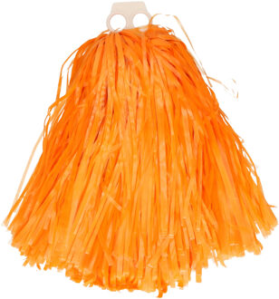 Funny Fashion Cheerballs/pompoms - 1x - oranje - met franjes en ring handgreep - 28 cm - Verkleedattributen