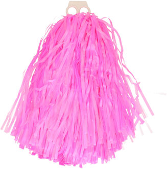 Funny Fashion Cheerballs/pompoms - 1x - roze - met franjes en ring handgreep - 28 cm - Verkleedattributen