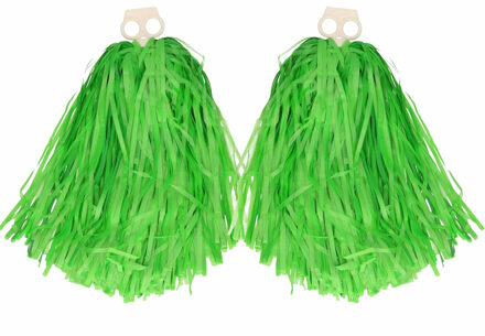 Funny Fashion Cheerballs/pompoms - 2x - groen - met franjes en ring handgreep - 28 cm