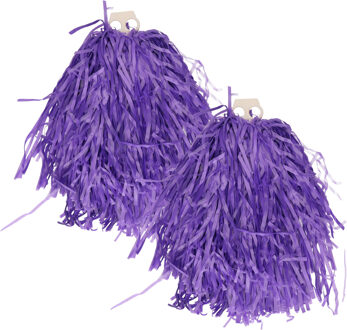 Funny Fashion Cheerballs/pompoms - 2x - paars - met franjes en ring handgreep - 28 cm