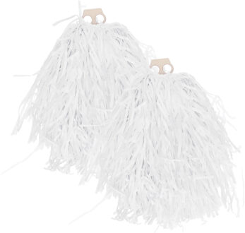 Funny Fashion Cheerballs/pompoms - 2x - wit - met franjes en ring handgreep - 28 cm