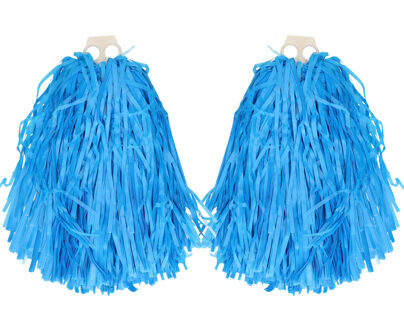 Funny Fashion Cheerballs/pompoms - 4x - blauw - met franjes en ring handgreep - 28 cm
