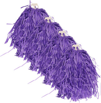 Funny Fashion Cheerballs/pompoms - 4x - paars - met franjes en ring handgreep - 28 cm
