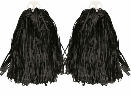 Funny Fashion Cheerballs/pompoms - 4x - zwart - met franjes en ring handgreep - 28 cm