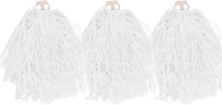 Funny Fashion Cheerballs/pompoms - 6x - wit - met franjes en ring handgreep - 28 cm