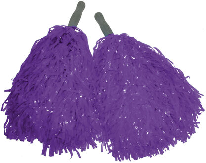 Funny Fashion Cheerballs/pompoms - set van 2x - paars - met franjes en stick handgreep - 25 cm - voor kinderen - Verklee