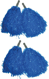 Funny Fashion Cheerballs/pompoms - set van 4x - blauw - met franjes en stick handgreep - 25 cm - voor kinderen
