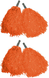 Funny Fashion Cheerballs/pompoms - set van 4x - oranjei¿½- met franjes en stick handgreep - 25 cm - voor kinderen - Verk