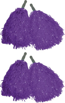 Funny Fashion Cheerballs/pompoms - set van 4x - paars - met franjes en stick handgreep - 25 cm - voor kinderen - Verklee