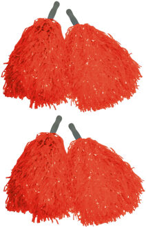 Funny Fashion Cheerballs/pompoms - set van 6x - rood - met franjes en stick handgreep - 25 cm - voor kinderen