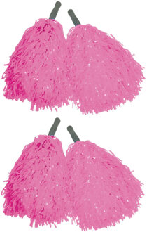 Funny Fashion Cheerballs/pompoms - set van 6x - roze - met franjes en stick handgreep - 25 cm - voor kinderen