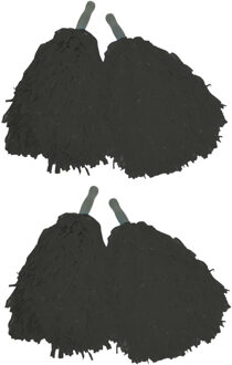 Funny Fashion Cheerballs/pompoms - set van 6x - zwart - met franjes en stick handgreep - 25 cm - voor kinderen