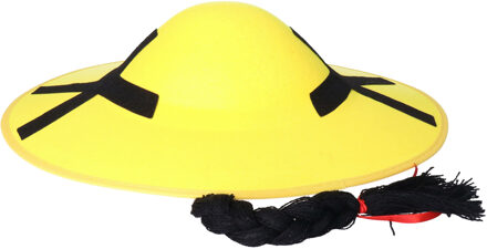 Funny Fashion Chinese/Aziatische verkleed thema hoedje met vlecht - geel - Carnaval hoed