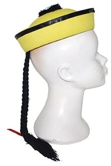 Funny Fashion Chinese carnaval verkleed hoed - geel met vlecht - volwassenen - Aziatische thema