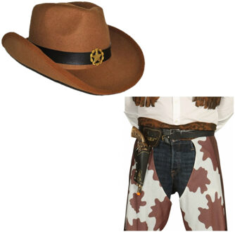 Funny Fashion Cowboy hoed bruin met revolver/pistool in holster voor volwassenen