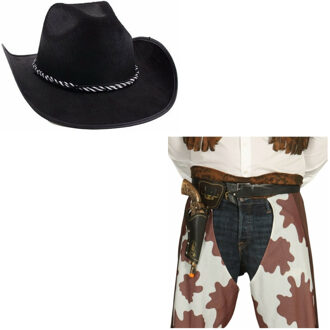 Funny Fashion Cowboy hoed zwart met revolver/pistool in holster voor volwassenen