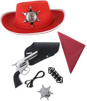 Funny Fashion Cowboys speelgoed/verkleed accessoires set en hoed rood 6-delig