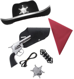 Funny Fashion Cowboys speelgoed/verkleed accessoires set en hoed zwart 6-delig