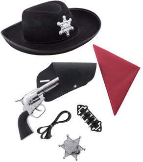 Funny Fashion Cowboys speelgoed/verkleed accessoires set en hoed zwart 6-delig
