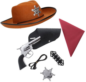 Funny Fashion Cowboys speelgoed verkleed accessoires set - met cowboy hoed bruin - 6-delig - voor kinderen