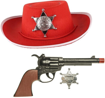 Funny Fashion Cowboys speelgoed/verkleed hoed rood met revolver set kinderen 3-delig