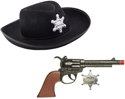 Funny Fashion Cowboys speelgoed/verkleed hoed zwart met revolver set kinderen 3-delig