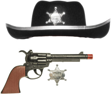 Funny Fashion Cowboys speelgoed/verkleed hoed zwart met revolver set kinderen 3-delig