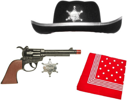Funny Fashion Cowboys speelgoed/verkleed hoed zwart met revolver set kinderen 4-delig