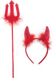 Funny Fashion Duivels verkleed setje - hoorntjes diadeem en trident - rood - verkleed accessoires - Verkleedhoofddeksels