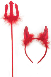 Funny Fashion Duivels verkleed setje - hoorntjes diadeem en trident - rood - verkleed accessoires - Verkleedhoofddeksels