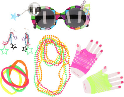 Funny Fashion Eighties/Jaren 80 verkleedset - ketting/bril/handschoenen/bandjes - voor dames - Verkleedattributen Multikleur