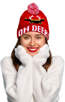 Funny Fashion Foute kerstmuts - rood - Oh Deer! - volwassenen - acryl - wintermuts