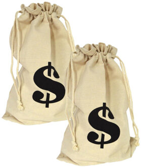 Funny Fashion Geldzak met dollar teken - 2x stuks - cowboy/western thema accessoires - met aantrekkoord