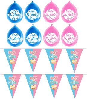 Funny Fashion Gender reveal babyshower thema vlaggetjes slingers - 2x 5 meter - en 16x ballonnen - versiering