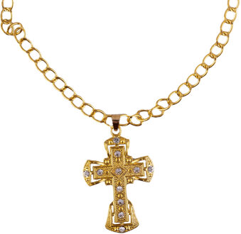 Funny Fashion Gouden verkleed ketting met groot kruis - Carnaval sieraden - Verkleedketting Goudkleurig