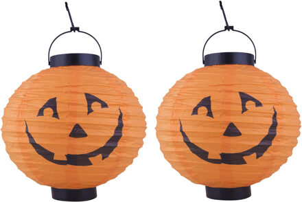 Funny Fashion Halloween decoratie - 2x - pompoen - 20 cm - versiering - met LED licht