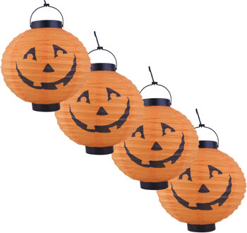 Funny Fashion Halloween decoratie - 4x - pompoen - 20 cm - versiering - met LED licht