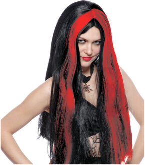 Funny Fashion Halloween Funny Fashion Heksenpruik lang haar - zwart/rood - dames - Halloween - Verkleedpruiken