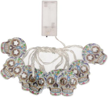 Funny Fashion Halloween LED lichtsnoer met 10x doodskoppen - 165 cm - op batterijen - Feestdecoratievoorwerp